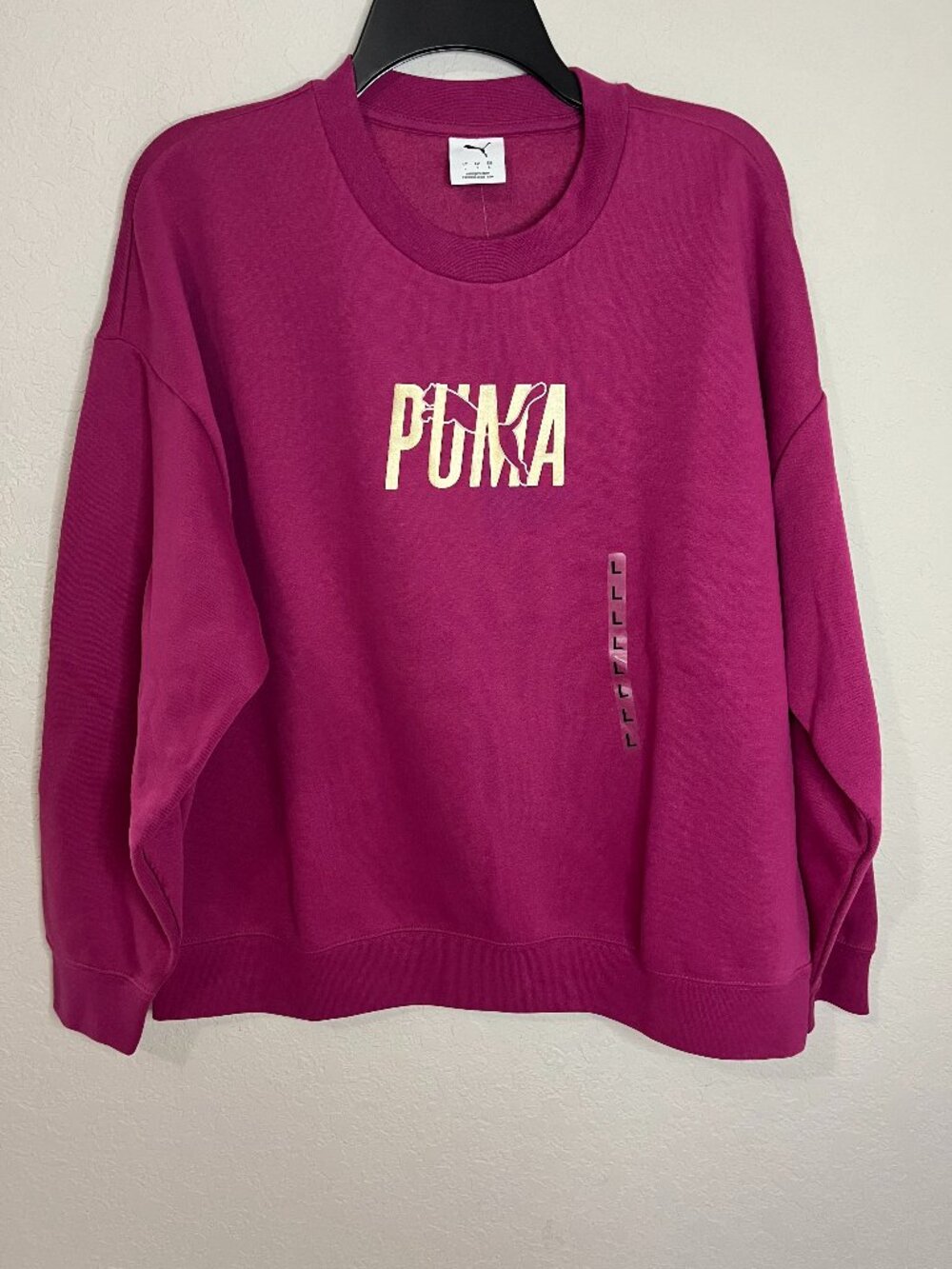 Puma Essentials Shine Crewneck Sweatshirt Pink Gold Logo Size L NWT